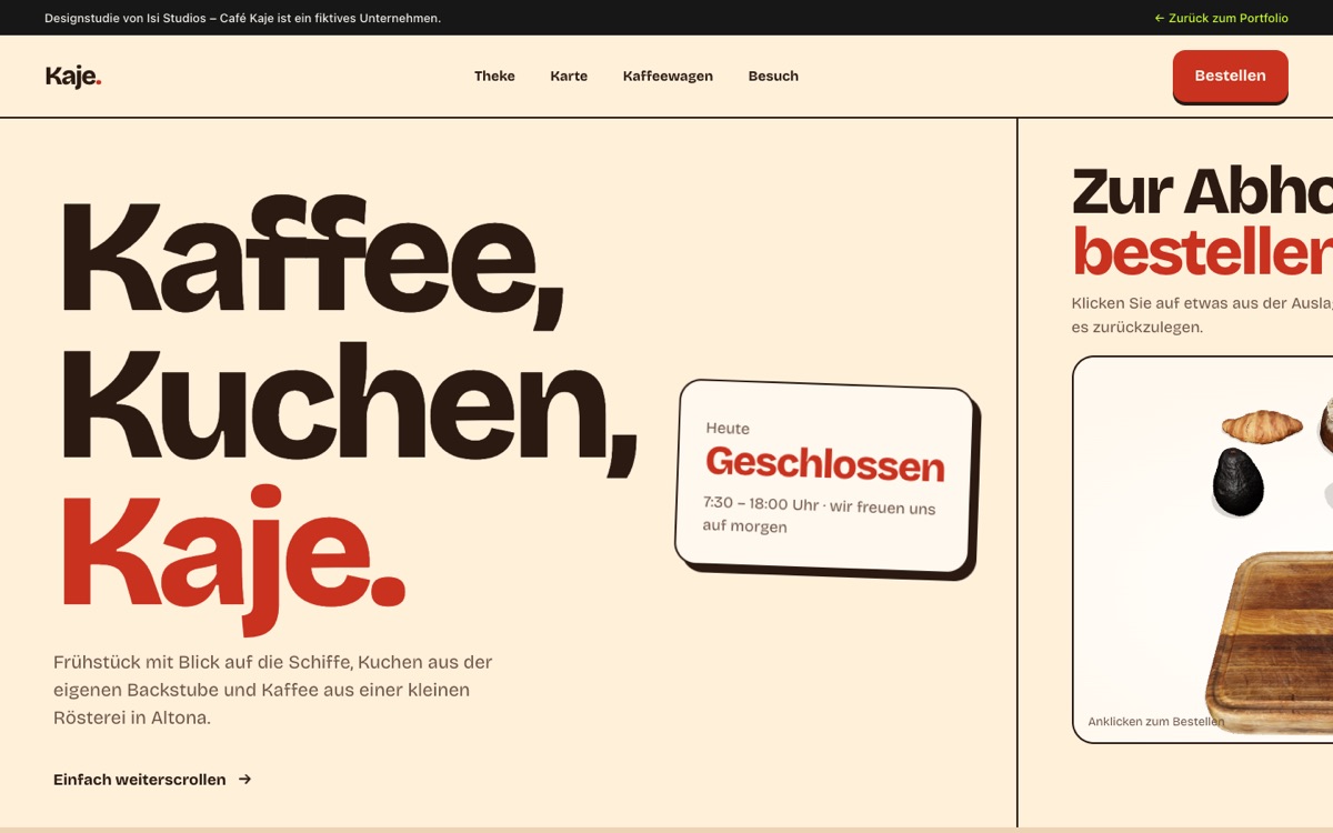 Café Kaje: Startseite der Designstudie